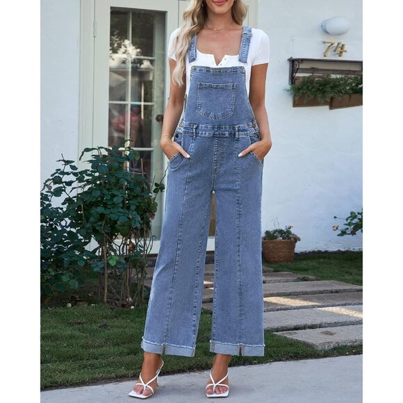 Vetinee Womens Overall Denim Loose Fit Wide Leg Bib Stretch Baggy Jeans Jumpsuti - Picture 7 of 8